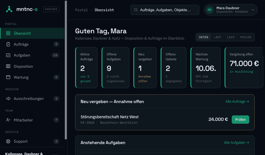 Partnerportal — Disposition und Vergütung